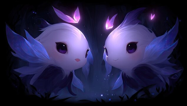 Two adorable, symmetrical, light-purple creatures with butterfly wings and large eyes, set against a dark forest backdrop