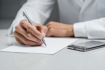 Man's hand in white coat writing on blank paper with a sleek silver pen, concept for medical prescription, business correspondence and legal documentation