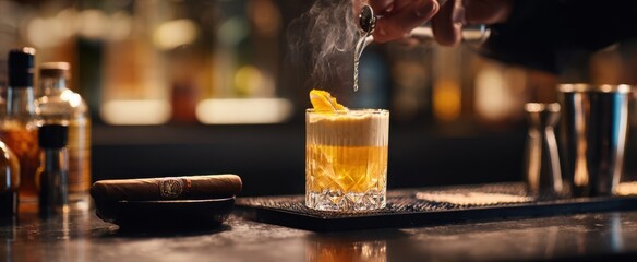 The smoky cocktail prepared with elegance at a premium bar setting