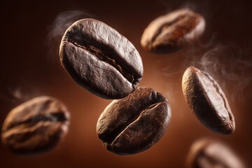 Close-up shot of steaming, freshly roasted coffee beans against a gradient brown backdrop. Concept for morning beverage advertising, aromatic coffee shop promotions and energy boost presentations