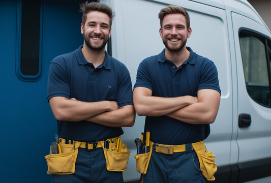 A photograph of two male plumbers from Montreal standing next to an open van