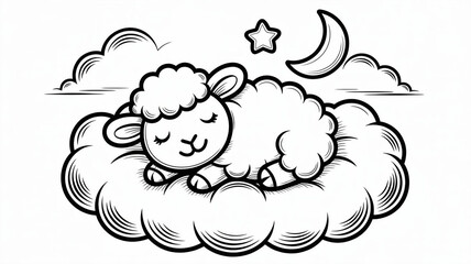 children coloring book pages,a black and white line art illustration of a cute sheep sleeping on a cloud in night sky