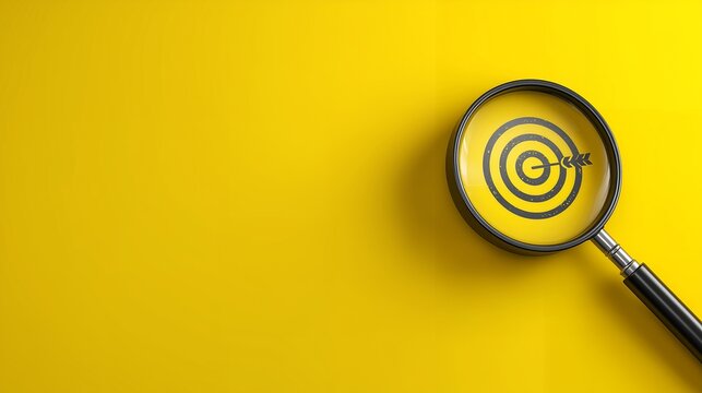 Magnifying glass focuses on a target symbol over yellow background, concept for achieving goals, business analysis and strategic planning, search focus