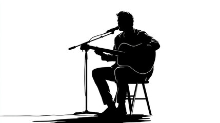 A silhouette of an acoustic guitarist sitting on a chair with a microphone