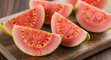 Vibrant guava fruit segments with chili powder garnish displayed on wooden board evoke a sense of