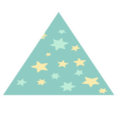 A light teal triangle graphic design with scattered yellow and light teal stars. Geometric pattern with a playful, whimsical aesthetic.
