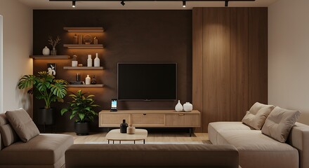 Modern Living Room With Warm Lighting and Natural Wood Accents