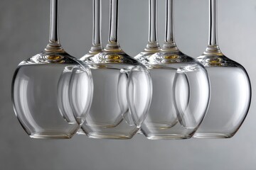 Six clear wine glasses hang upside down against a gray background