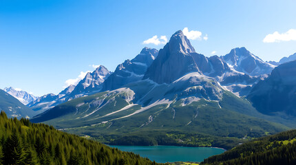 Green summer valley landscape with a view of a rocky mountain peak and clouds above a lake, perfect for hiking and travel