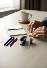 Workplace composition featuring stationery items and hands manipulating sticky notes setup