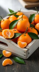 Vibrant tangerines bursting with freshness, arranged beautifully in a rustic wooden tray