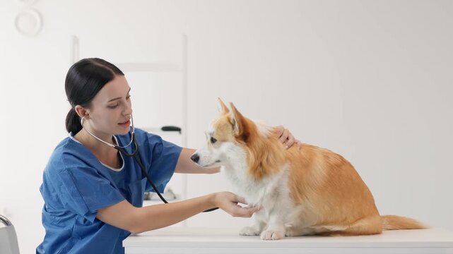 Veterinarian in blue scrubs gently examining a corgi dog on a table in a bright veterinary clinic, showcasing compassionate care and professional veterinary services