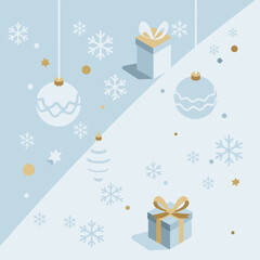 Christmas decorative elements in light blue and white tones with gold accents. Hanging ornaments, gift boxes, and snowflakes create a festive winter scene.