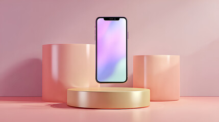 a smartphone mockup floating above a display pedestal