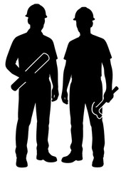 Silhouette of Two Construction Workers Wearing Safety Helmets with Tools