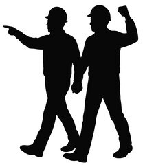 Silhouette of Two Construction Workers Pointing and Raising Hand