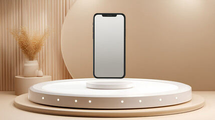 a smartphone mockup floating above a display pedestal