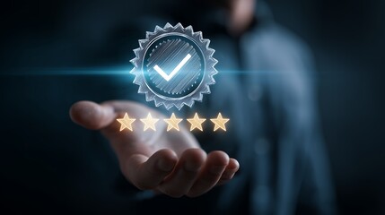 Hand presenting a checkmark badge and five golden stars with glowing effect. Concept for quality assurance, service evaluation and performance improvement