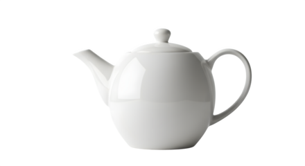 Sleek white teapot gleams on black; smooth surface, studio lighting. Perfect for tea branding, product photography, or posters.