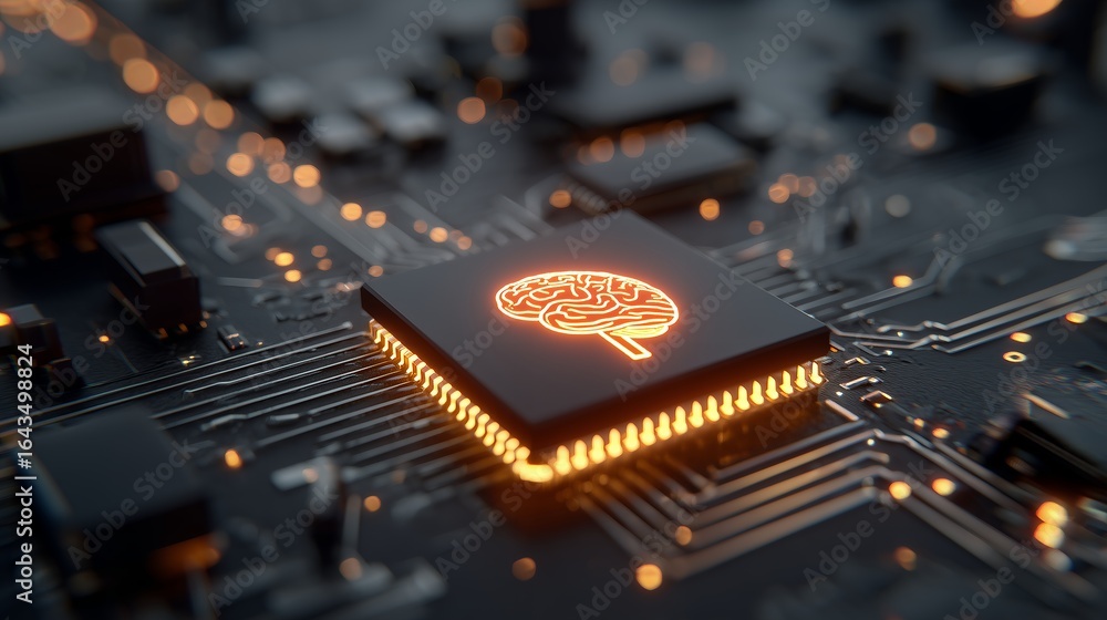 Poster close-up of a glowing brain symbol on a microchip over dark circuit board background. concept for ar