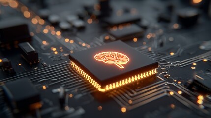 Close-up of a glowing brain symbol on a microchip over dark circuit board background. Concept for artificial intelligence, neural networks and advanced technology