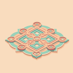 Ornate geometric decorative design in pastel peach and teal colors. Intricate, symmetrical pattern with repeating shapes and circles.