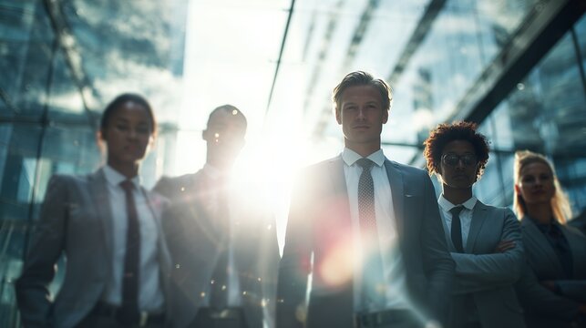 Low angle view of diverse business team in suits against modern building, concept for corporate leadership, success strategy and team collaboration