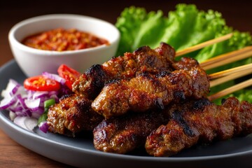 Skewered meat sits on a plate with greens and a saucefilled bowl