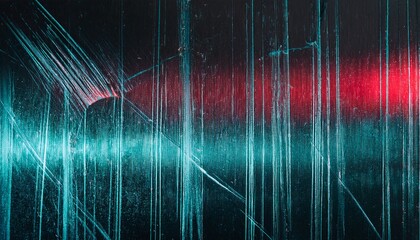 distressed glass texture with cyan vertical streaks red light leaks and fine cracks on black surface for abstract background digital design print texture or glitch art element