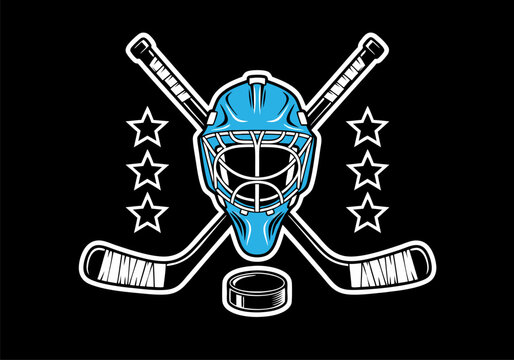 Ice hockey sports emblem featuring a goalie mask, crossed sticks, and a puck. Vector graphic logo for a team or championship league.