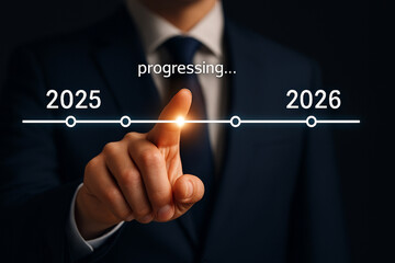 Business leader touching digital progress bar from 2025 to 2026, highlighting milestones, project tracking, growth strategy, futuristic corporate success vision