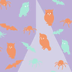 Halloween themed pattern with owls, bats, and spiders in muted colors. Silhouette design repeated on a lavender background with diagonal lighting.