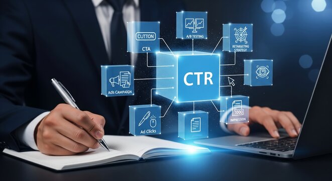 Businessman writing with large holographic CTR dashboard and seven marketing icons &mdash; digital advertising concept