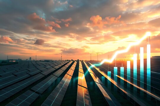 Solar energy growth and financial success represented by a rising stock market graph at sunset