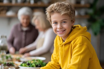 Smiling boy in yellow hoodie grandmothers prepping food in background