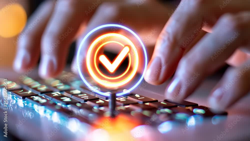 Poster keyboard interaction with glowing checkmark for digital approval concept