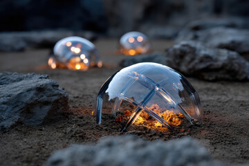 Three transparent bulbs emit a warm glow as they rest on natural rocky terrain, creating an enchanting and surreal juxtaposition between technology and nature's beauty.