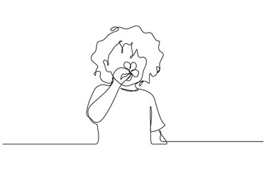 Continuous one line drawing of Child smelling flower vector illustration. Editable outline