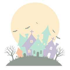Pastel Halloween village scene with a full moon and bats. Colorful spooky houses on a hilltop with barren trees and gravestones.