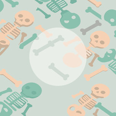 Cartoon skeletons and bones in pastel colors scattered across a light teal background. A pale circle of light creates an area for text or graphics in the background.