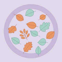 Autumn leaves design in various shades of orange and teal arranged in a circle on a muted lavender background.