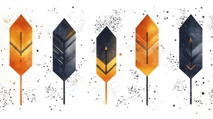 Five stylized feathers in orange and blue hues on white background.
