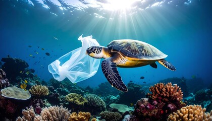 Sea turtle swimming through polluted waters with a plastic bag near coral reef