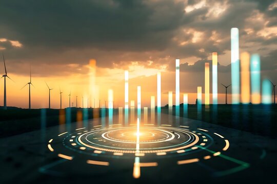 Futuristic glowing digital interface with rising bar graph overlaying wind turbines at sunset