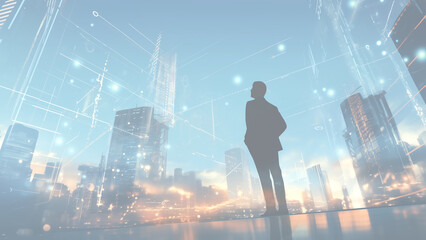 未来都市の夜景を眺めるビジネスマンのシルエットとデジタルデータのオーバーレイ