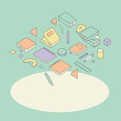 Pastel stationery assortment in isometric style with a light mint background. Colorful books, notebooks, pencils, and geometric shapes float in a playful arrangement.