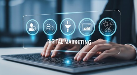 Digital Marketing Interface with Businessman Typing on Laptop and Futuristic Icons for Audience Targeting, Analytics, Automation