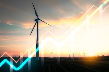 Wind turbine silhouette against a vibrant sunset sky with glowing financial growth chart overlay