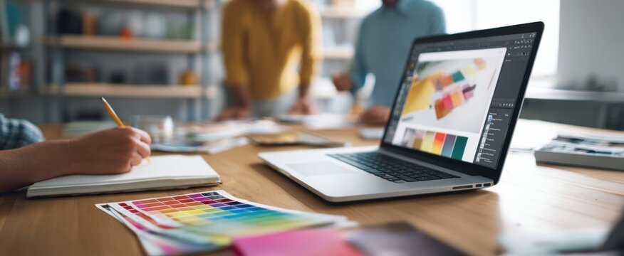 The laptop displays a vibrant color palette during a creative brainstorming session. - Powered by Adobe