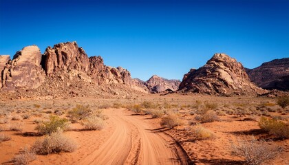 desert landscape with dusty trail and rocky mountains under clear blue sky